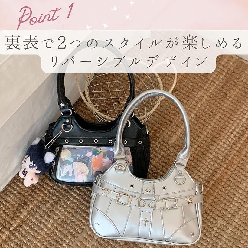 痛バに見えない 痛バッグ ショルダー 小さめ 痛バック ミニ ショルダーバッグ ハンドバッグ トートバッグ レディース 2WAY 地雷系 ゴスロリ Y2K 推し活バッグ 可愛い 肩掛け 鞄 人気 ブラック