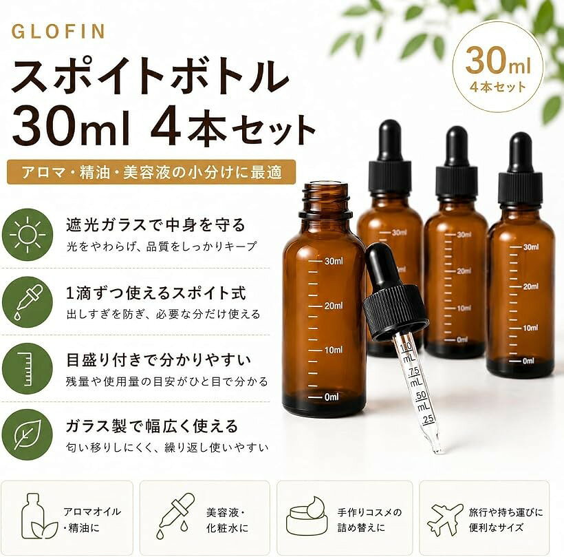GLOFIN スポイトボトル 遮光瓶 目盛り付き ガラス製 アロマ 精油 美容液 詰替え (3...