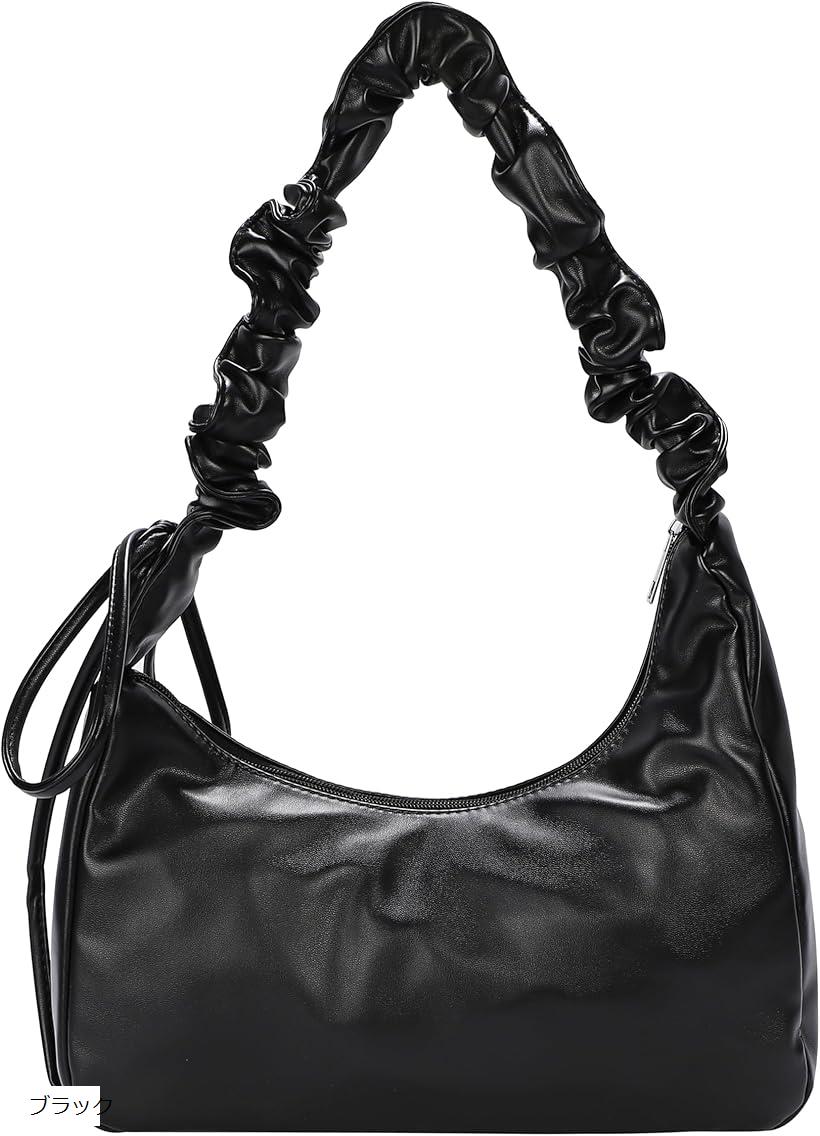 ホーボーバッグ ギャザーバッグ ハーフムーンバッグ ショルダーバッグ レディース フリル 三日月 シャーリング ギャザーショルダー 小さめ おしゃれ かわいい ブラック