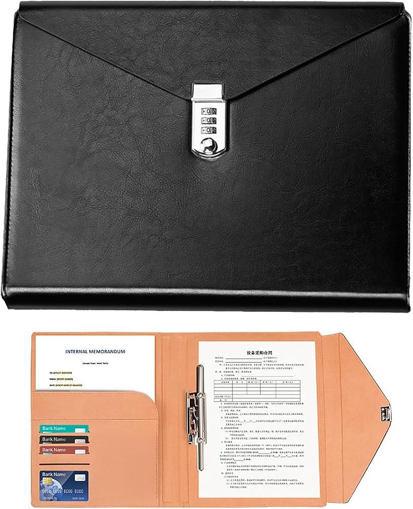 クリップボード バインダー 鍵付き ダイヤル式 二つ折り 重要書類 名刺入れ 書類収納ケース ビジネス オフィス 会議用 ブラック A4