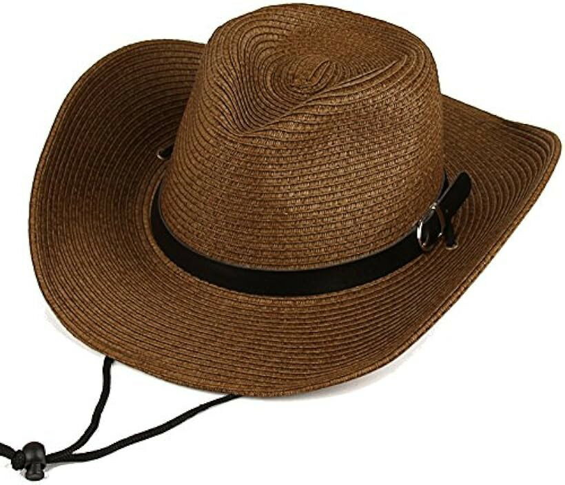 Straw Hats - メンズ 帽子 カウボーイハット ストローハット つば広 中折れハット 紐付き 折りたためる 麦わら帽子 コーヒー (コーヒー)
