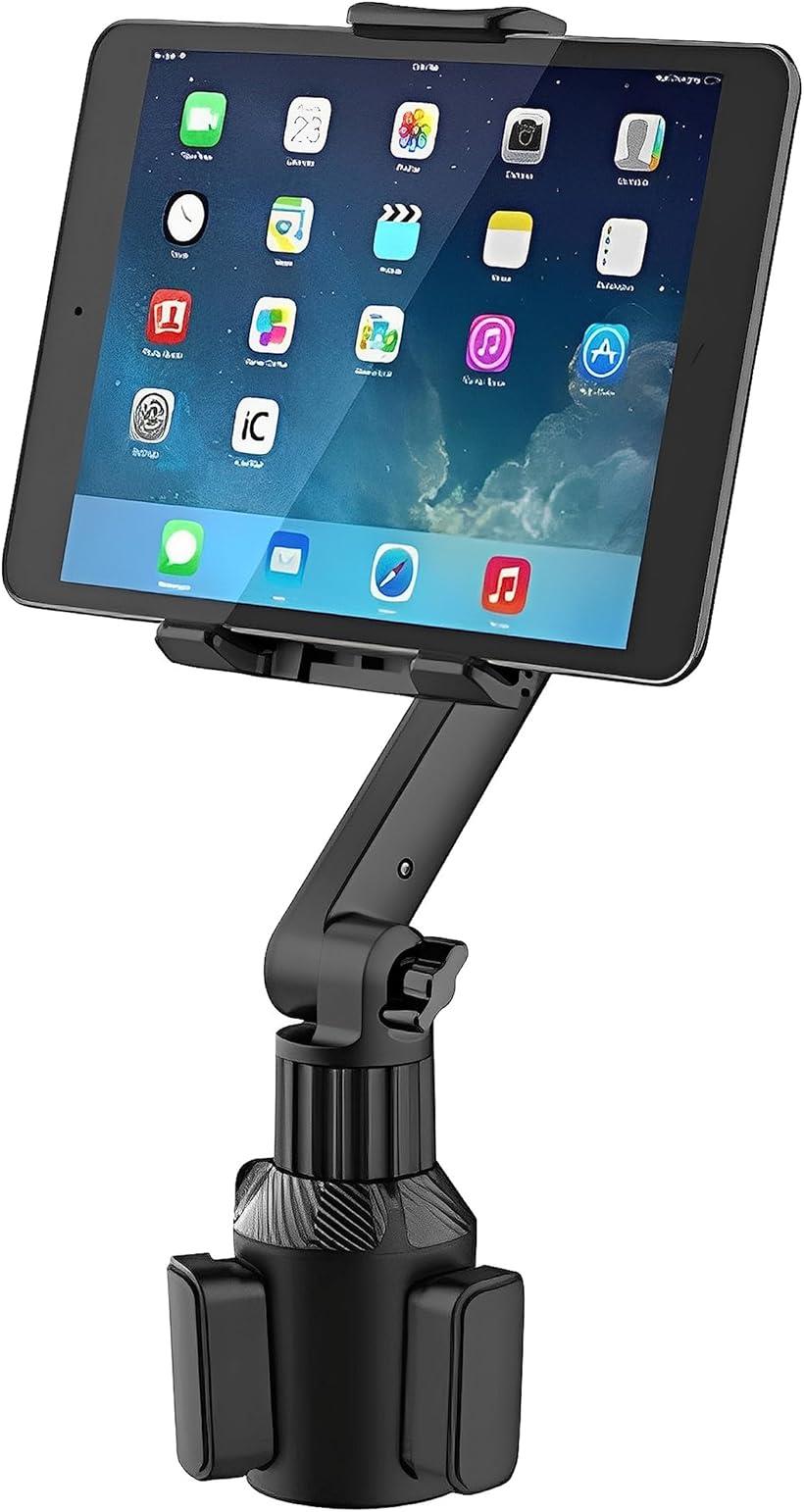 車載 タブレット スマホ ホルダー 12-25cm対応 伸縮 角度 調整可能 360度 回転 ドリンクホルダー 取り..