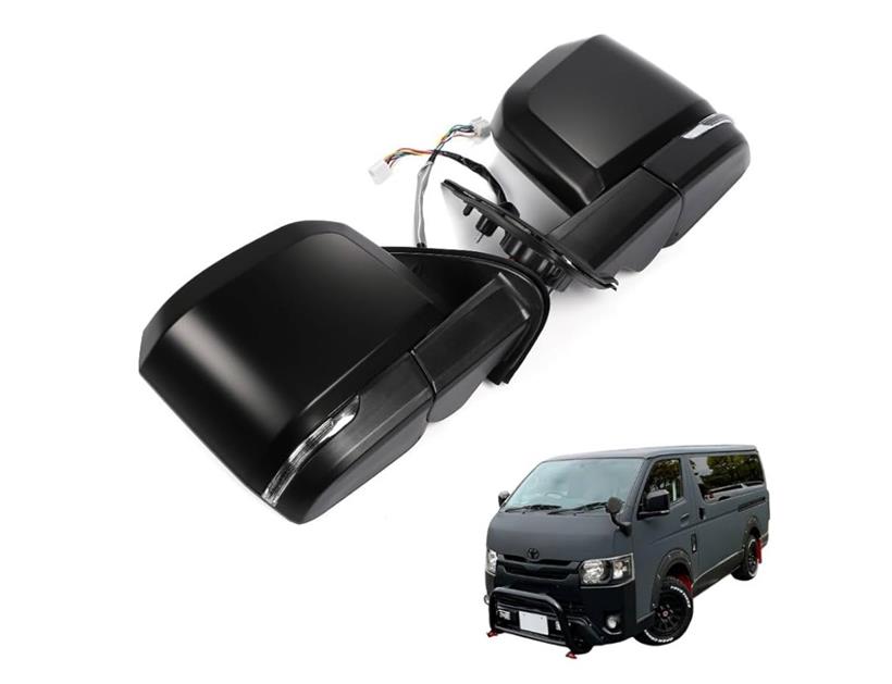 互換品 ハイエース 200系 6型ルック ドアミラー 電動格納 電動調整 ウィンカー付き カプラーオン 左右セット (マットブラック)