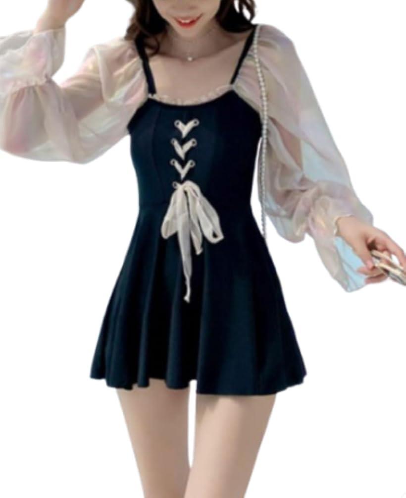 レディース 水着 ワンピース 長袖 フリル 体型カバー レースアップ パッド付き ショート丈