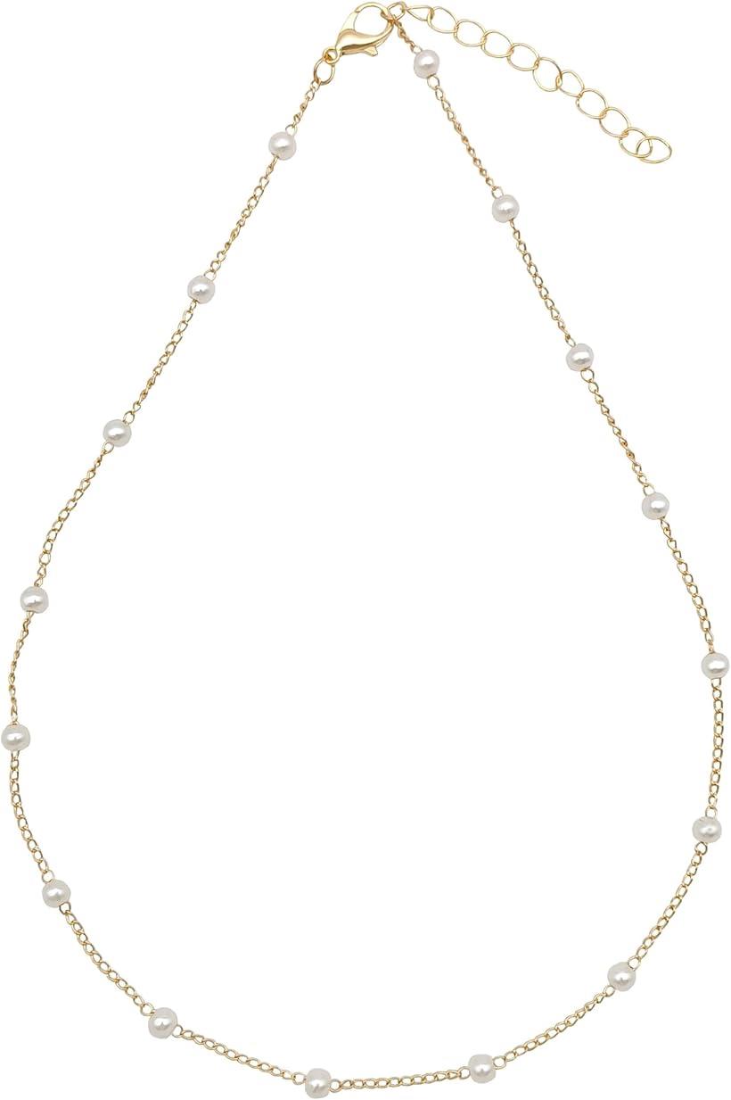 ネックレス パールチェーン 細め シルバー 40cm アジャスター付き レディース パールアクセサリー 華やか ドレス 結婚式 プチプラ パーティー ゴールド