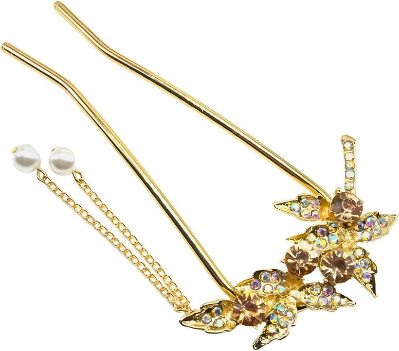 ミャオミャオ 簪 かんざし バチ型 和装 留袖 着物 浴衣 髪飾り 金属 アンティーク 楓 かえで リーフ フラワー パール ジルコニア U字 コーム ヘアアク...