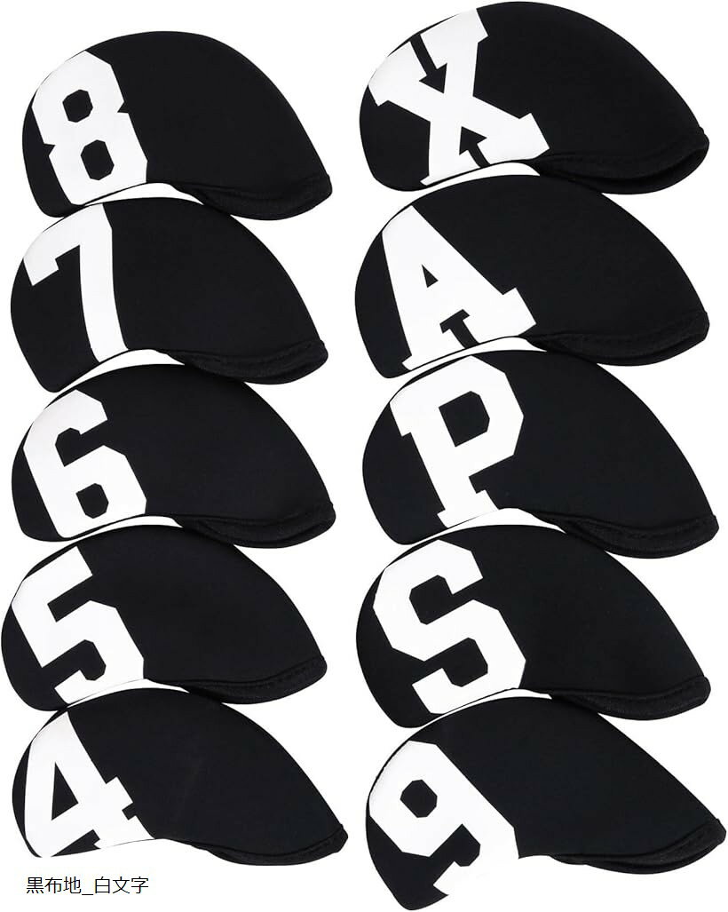 アイアンカバー クラブ ヘッドカバー ゴルフカバー ウエッジカバー 保護カバー 10枚セット 黒布地_白文字