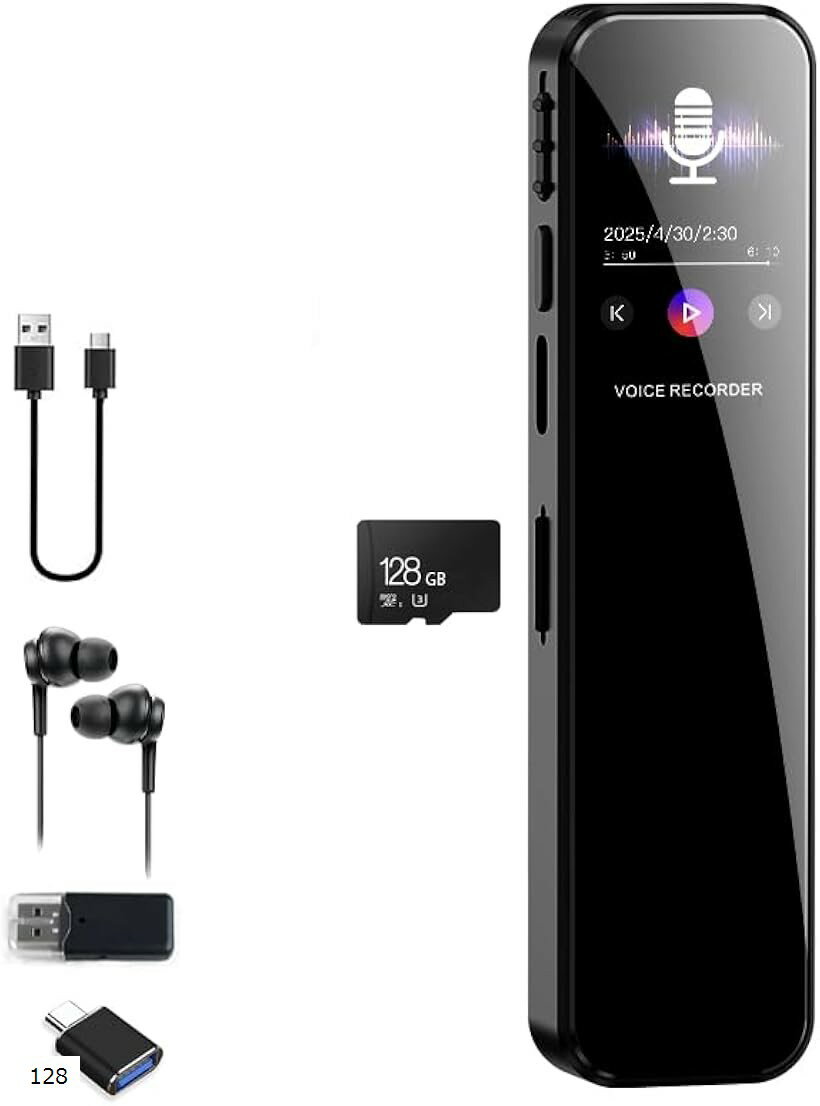 128GB大容量 ボイスレコーダー 小型 ICレコーダー 長時間録音 3072kbps音質 48時間連続使用 コンパクト 録音機 ワンボタン録音 分段録音 TFTカラーディスプレイ
