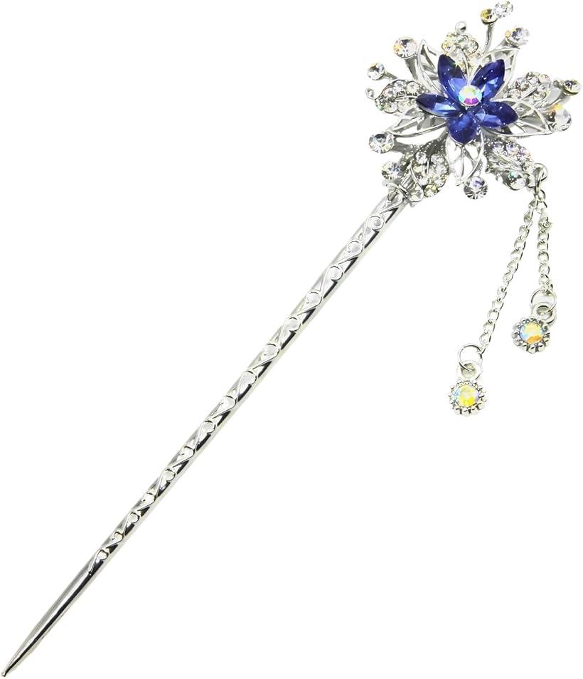 ミャオミャオ 簪 かんざし 一本 髪飾り 和装 留袖 着物 金属 シルバー ブルー クリスタル 水晶 フラワー モチーフ 雪の花 ヘアアクセサリー
