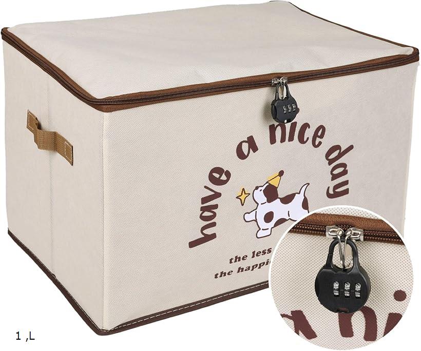 鍵付き 収納ケース 犬マーク 収納ボックス ダイヤル錠 折りたたみ 大容量 片付け 衣類 布製 ファスナー..