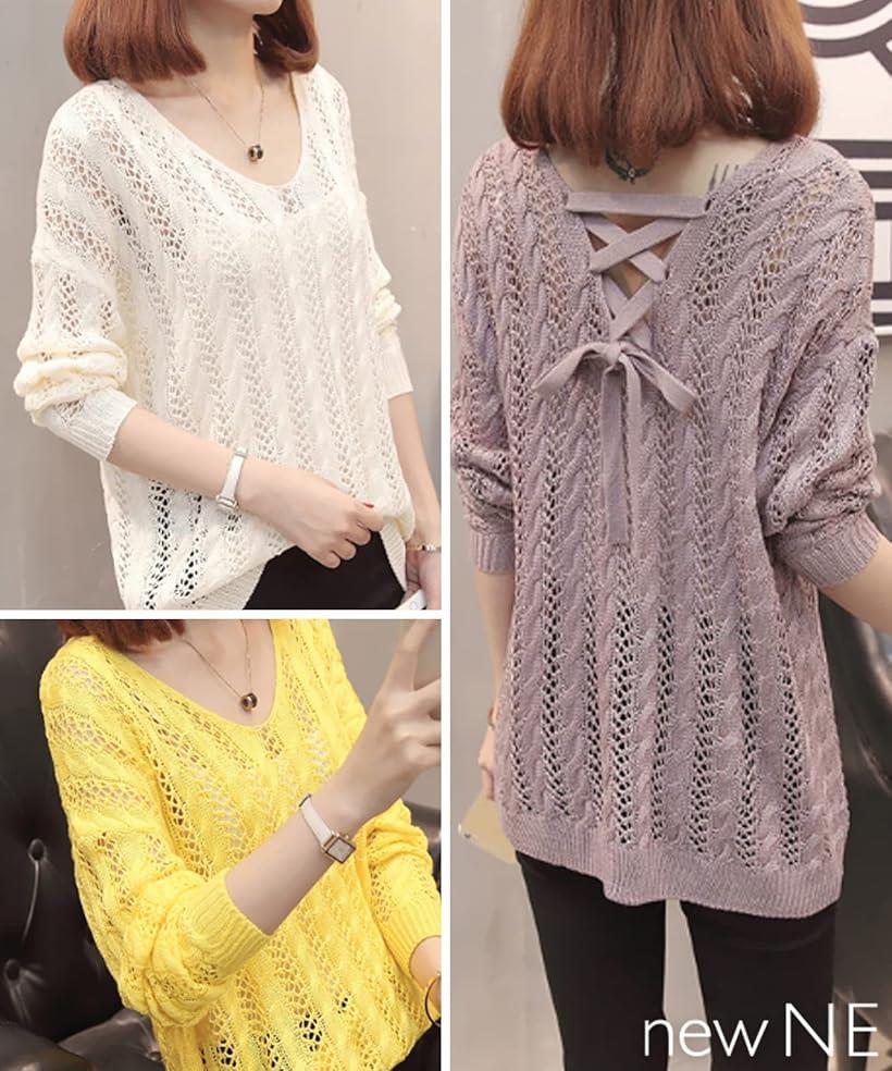 ニューネ バッグリボン 透かし編み プルオーバー 長袖 チュニック ニット トップス 2点セット タンクトップ サマーセーター ニットポンチョ アウター ティーン シニア ライト リブ ナチュラル ラウンドネック