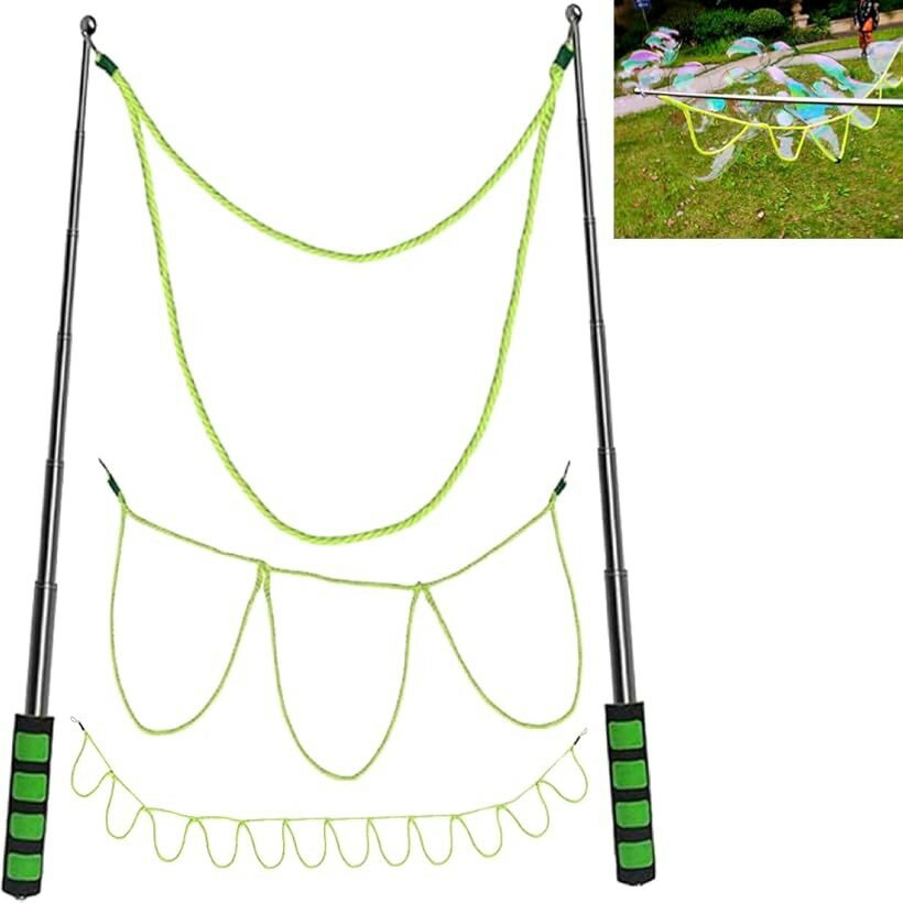 「巨大なシャボン玉が作れるバブルメーカー」輪っかの大きさが異なる3種類のロープが付属しており、大小様々な大きさのシャボン玉作りが楽しめます。2本のスティックに接続したロープをシャボン玉液に漬けて楽しむため、手を汚さずにシャボン玉作りができま...