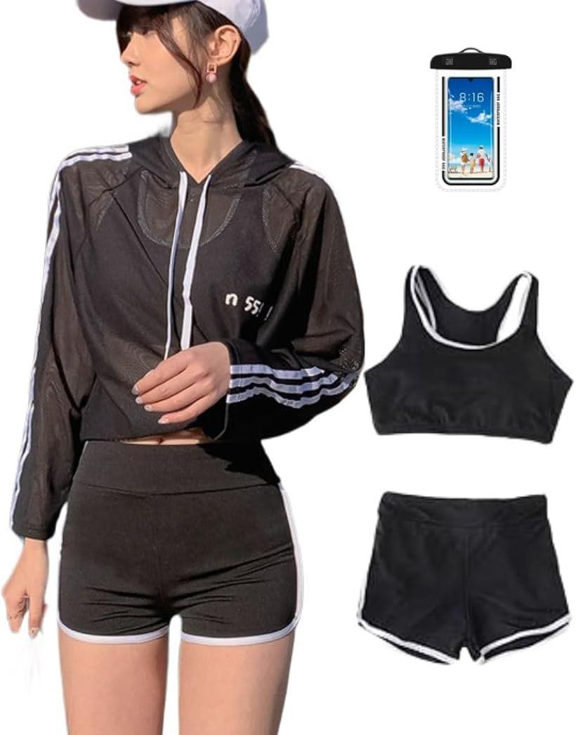 水着 レディース 体型カバー タンキニ 長袖 ラッシュガード パーカー 付 中学生 高校生 10代 20代 30代