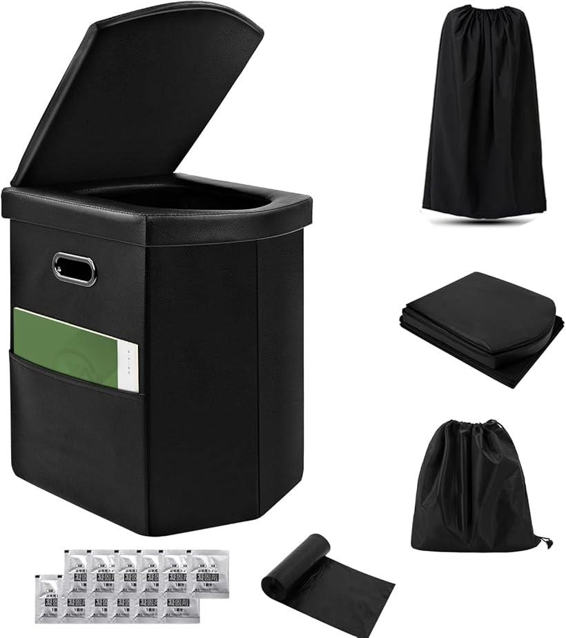 簡易トイレ 災害用 非常用トイレ 42cm高さ 耐荷重150kg 皮革座面/折りたたみ収納 38x29x5cm 目隠しマント付き 凝固剤12包＆汚物袋12枚セット