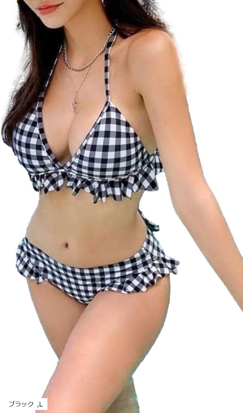左右胸の大きさが違うのですがどんな水着を選べば良いですか？｜水着 レディース ビキニ セット チェック フリル スイムドレス ホルターネック ロ...