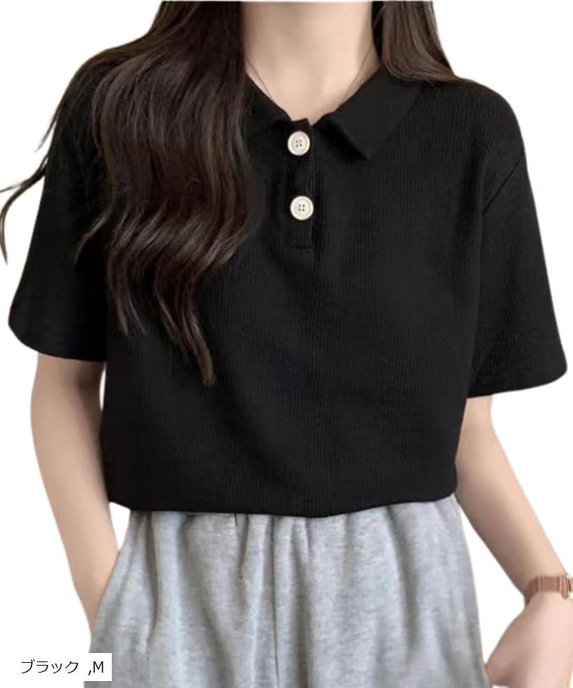 ワッフル生地でオシャレ 襟付きシャツ レディース 半袖 ゴルフウェア カジュアル スポーツ 登山 ボタン 可愛い かわいい ゆったり L ホワイト ブラック M