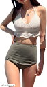 水着 レディース ビキニ 韓国 ニット かぎ編み レース ハイウエスト 2点 セット クリーム/ブラック L XL ホワイト/グリーン M
