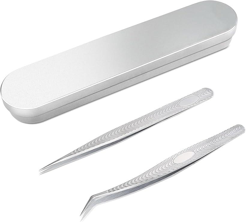 極ツマミ 精密 ステンレス ピンセット ストレート 先曲がり 模型製作 手芸 ツイーザー 2本セット ケース付