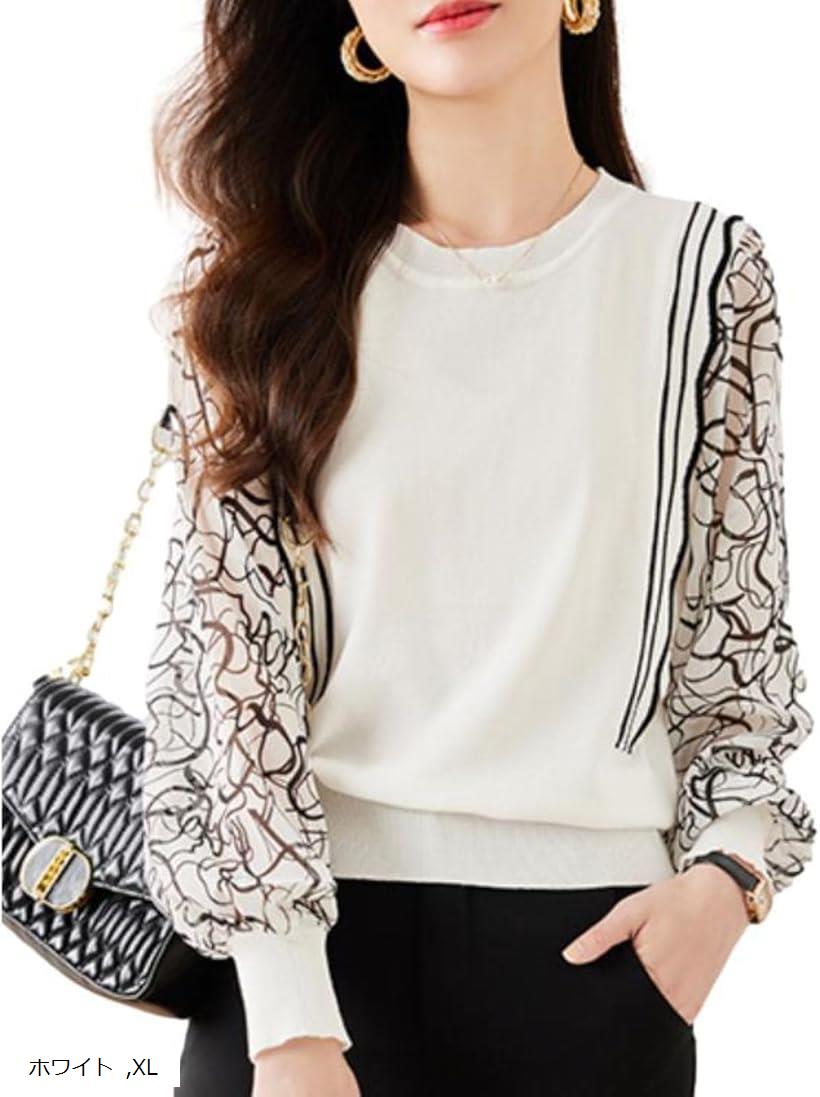 シフォン袖ニットトップス 異素材MIX モノトーンプリント 10分袖 パフスリーブ 服 ふんわり袖 きれいめ..