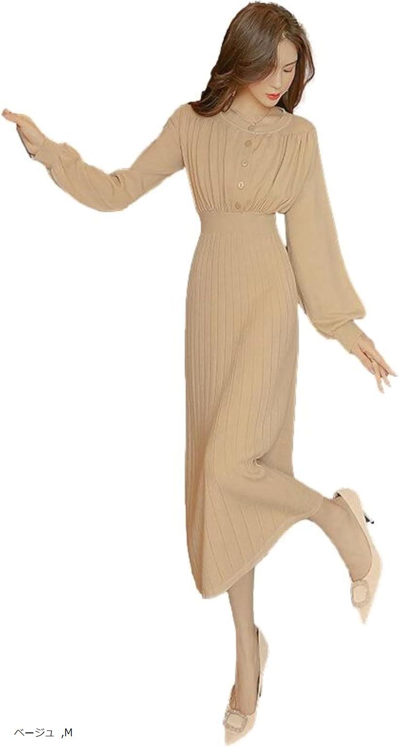 ジェイスコット フレアニットワンピース ロング丈 ぽわん袖 メリハリ ウエストマーク プリーツ風スカート ブルー ブラック XL L ピンク ベージュ M