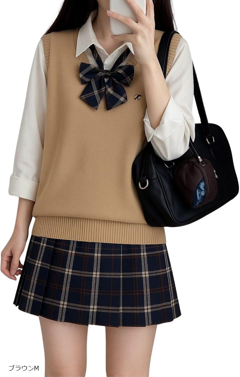 制服 女子高生 コスプレ ニット チェックスカート 長袖シャツ リボン かわいい 洗える 4点 セット ブラウン系 ブラウンL ブラウンXL ブラウンS ブラウンM