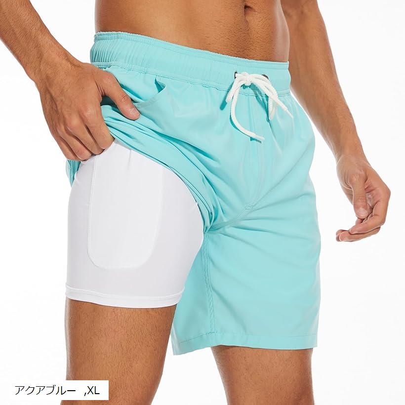 「インナーパンツ一体型」ポケット付きインナーが一体型となった画期的な水着。ストレッチ素材で伸縮性＆フィット感の高いコンプレッションパンツは程良い着圧で運動時も身体の動きを妨げません。「5個ポケット付き」水着部分には両側と後ろにポケットがあり、内側には鍵などが入る小物収納があります。またインナー部分にもスマホなどが収納できるポケットが付いているため、手ぶらで外出できるのが嬉しいポイント。「伸縮性と速乾性」肌触りがソフトなスパンデックス生地を使用し、伸縮性もあり軽くて丈夫で動きやすい。水が浸透しにくいだけでなく撥水性があるため、濡れても短時間で乾く特性があります。「幅広いシーンで活躍」フィット感と可動性を追求しながらも高いデザイン性のため水陸で活躍。水着としての着用だけでなく、ジムやキャンプなどのアウトドア、また普段着としても快適にご使用いただけます。※ 他ネットショップでも併売しているため、ご注文後に在庫切れとなる場合があります。予めご了承ください。※ 品薄または希少等の理由により、参考価格よりも高い価格で販売されている場合があります。ご注文の際には必ず販売価格をご確認ください。※ 沖縄県、離島または一部地域の場合、別途送料の負担をお願いする場合があります。予めご了承ください。※ お使いのモニタにより写真の色が実際の商品の色と異なる場合や、イメージに差異が生じることがあります。予めご了承ください。※ 商品の詳細（カラー・数量・サイズ 等）については、ページ内の商品説明をご確認のうえ、ご注文ください。※ モバイル版・スマホ版ページでは、お使いの端末によっては一部の情報が表示されないことがあります。すべての記載情報をご確認するには、PC版ページをご覧ください。商品仕様「カラー」全8色「サイズ」M～2XL「素材」ポリエステル90% ， スパンデックス10%「仕様」伸縮性:あり／ポケット:あり／インナー:あり／生地の厚さ:普通「サイズ感」小さめ（1サイズUPがおすすめ）＊商品画像と実際の色は、撮影の状況・モニターの表示等により若干異なる場合がございます。サイズ詳細（＊平置き採寸）「M」着丈:約44cm ウエスト:約74-100cm 裾幅: 約30cm「L」着丈:約46cm ウエスト:約79-105cm 裾幅: 約31cm「XL」着丈:約47cm ウエスト:約84-110cm 裾幅: 約32cm「2XL」着丈:約49cm ウエスト:約89-115cm 裾幅: 約33cm