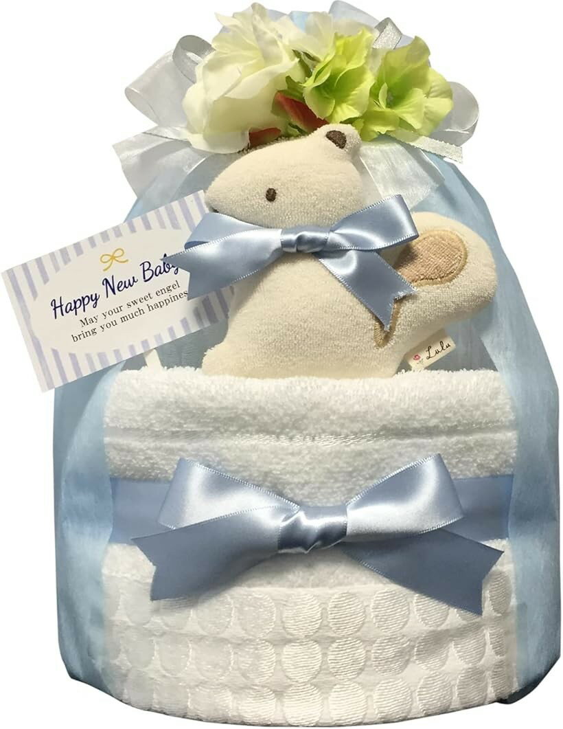おむつケーキ 男の子 今治 オーガニック 出産祝い 2段 Sサイズ 2001 (ブルー, ご出産祝い・新生児用にオススメおむつサイズS)