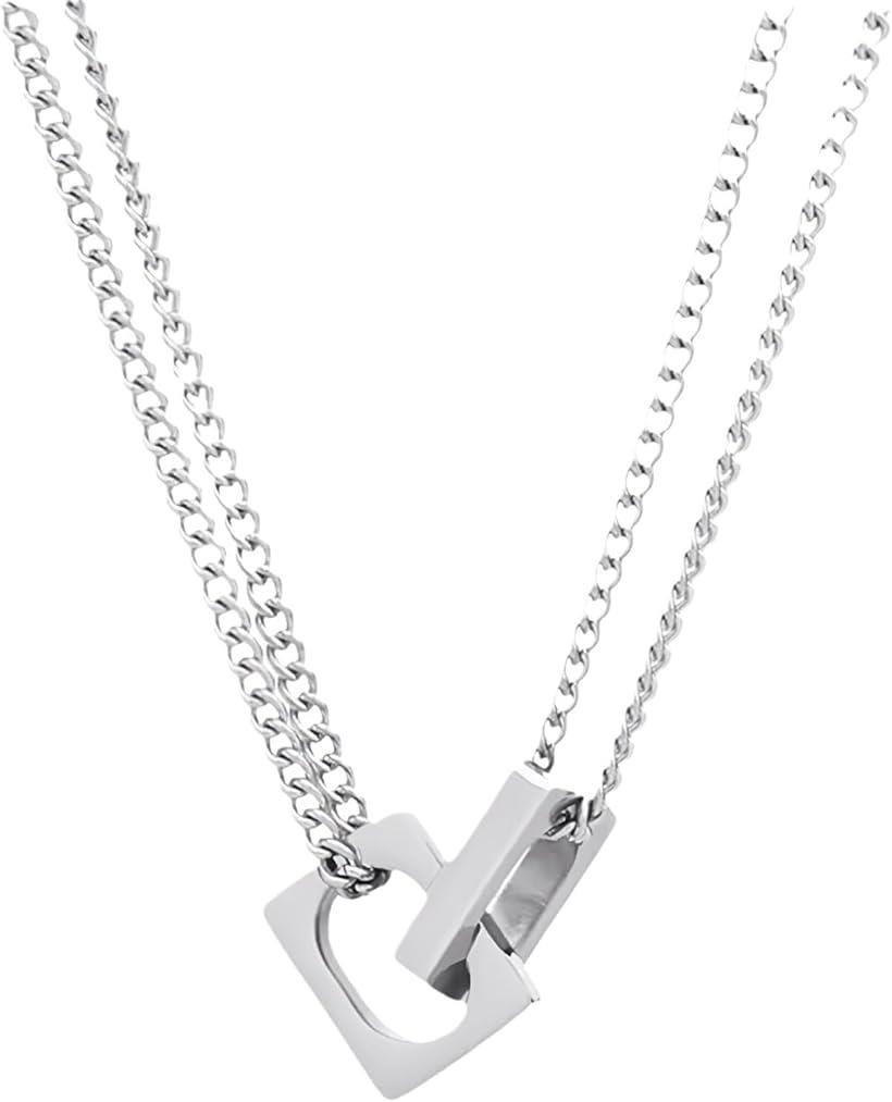 ネックレス メンズ スクエア ダブルリング 二連チェーン おしゃれ サイズ調整可能 ステンレス