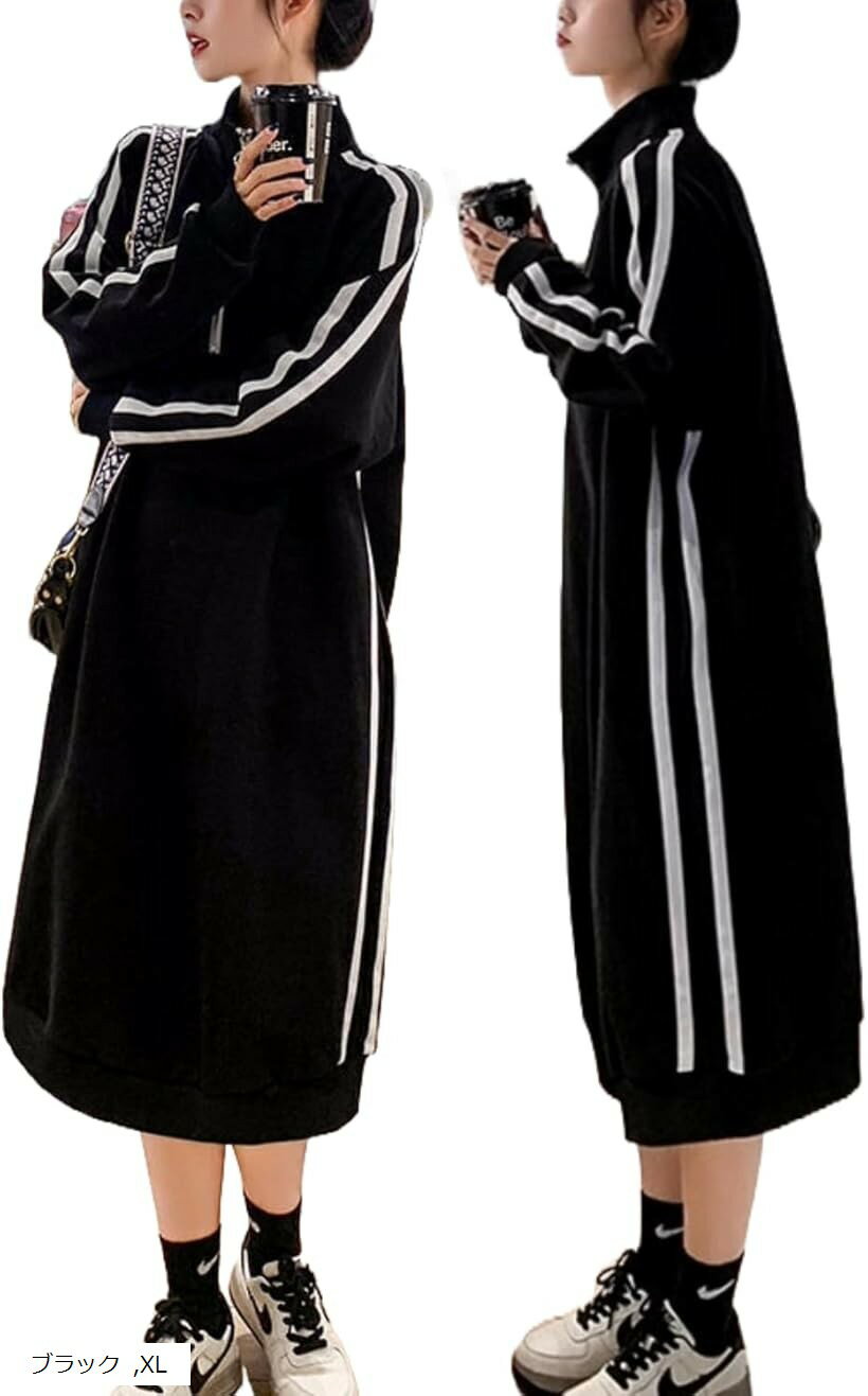 ワンピース ジャージ レディース 長袖 ハイネック ハーフジップ 体型カバー カジュアル 春 秋 3XL 2XL M 4XL L ブラック XL