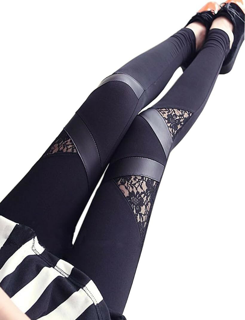ロージーROSY フェイクレザー レース ストレッチ レギンス パンツ スパッツ タイツ...