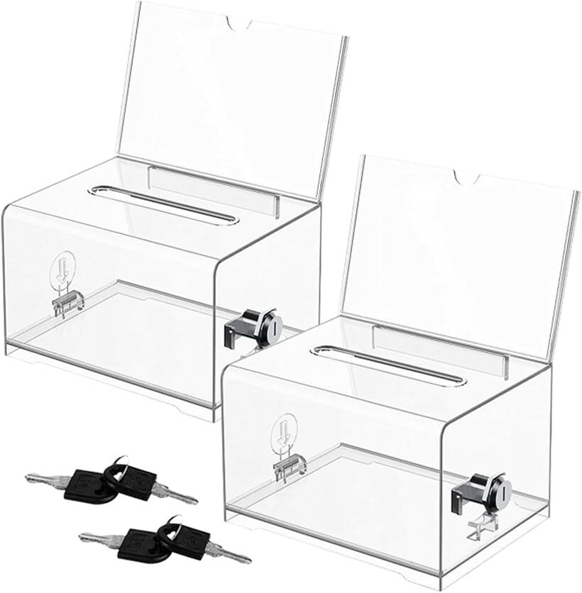 Coin Banks - 鍵付きアクリルボックス 2個セット 投票箱 意見箱 募金箱 貯金箱 アンケート 透明 ケース 書類整理 伝票収納 施錠 防犯 イベント 活用 (クリア, ワンサイズ)