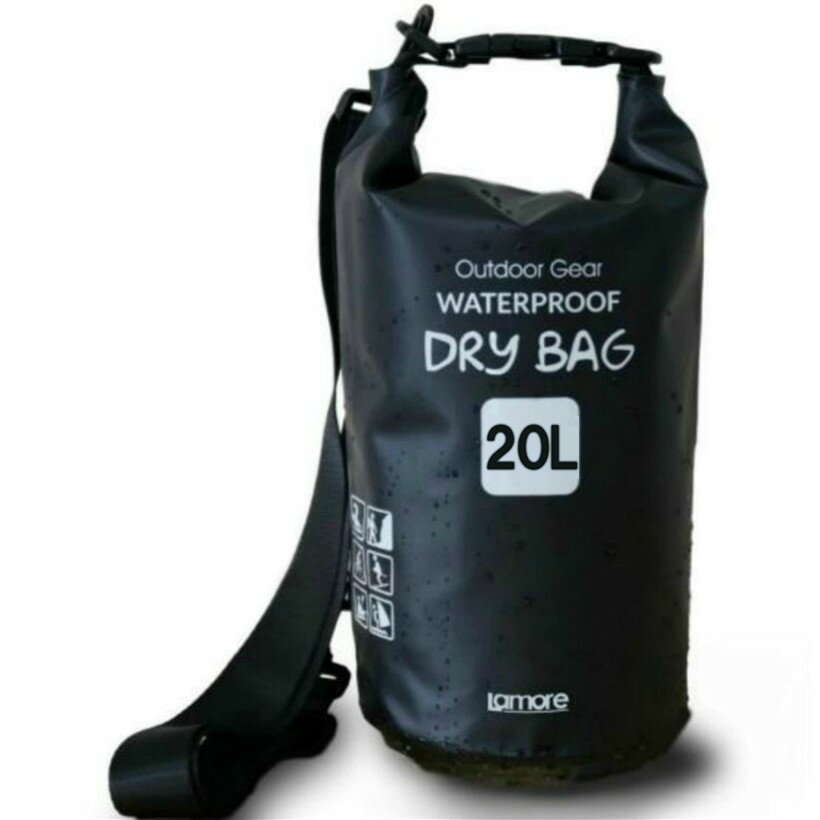 ドライバッグ 防水バッグ 防水ポーチ付 ドラム型 新素材 防塵 (1) ブラック, 20L)