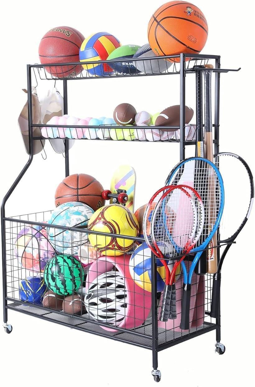 大型スポーツ用品収納ラック 金属メッシュシェルフ ボール整理 ボール収納カート スポーツルーム キャ..