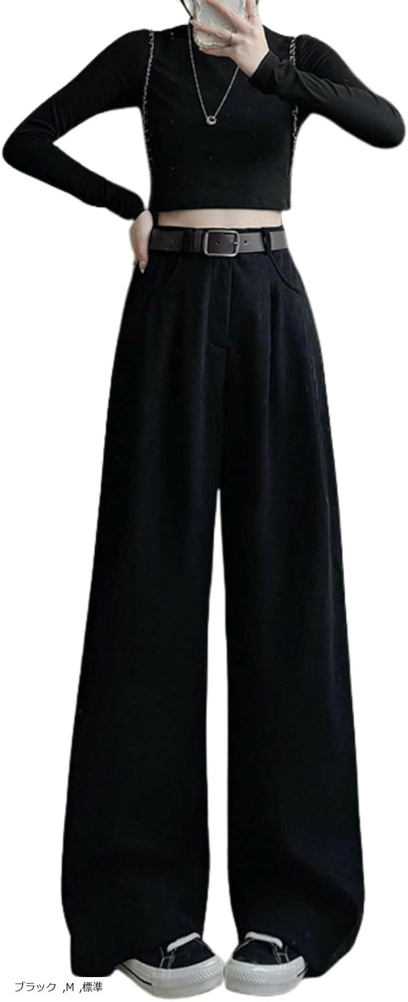ワイドパンツ レディース 秋 冬 イージーパンツ ボトムス ズボン ウエストゴム 大きいサイズ コーデュロイ ロング タック ゆったり 無地 カジュアル ハイウエスト ブラック M 標準