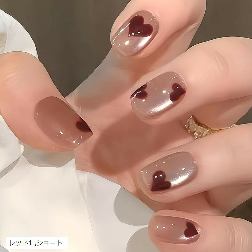 ネイルチップ ハート アーモンド 韓国 ギャル 可愛い フレンチ つけ爪 nail グッズ レッド1 ショート