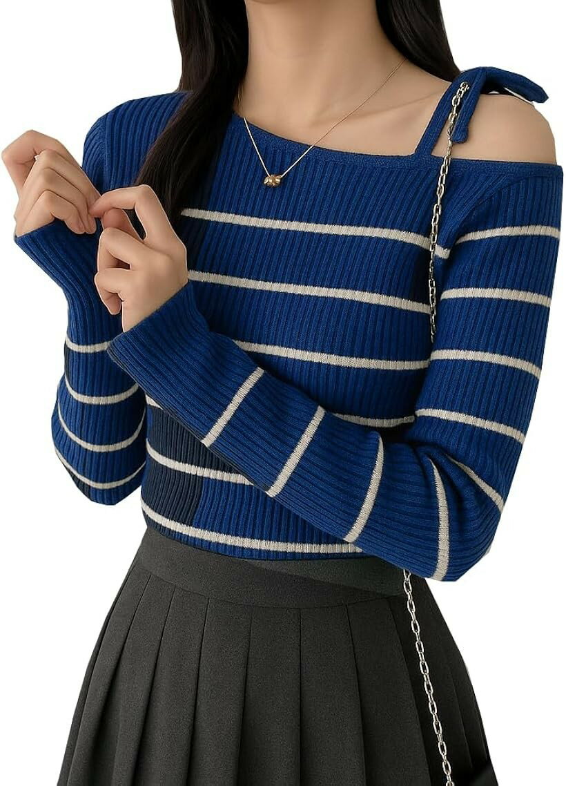 肩出し トップス リボン付き ボーダー ニット レディース 長袖 オフショル カジュアル おしゃれ シンプ..