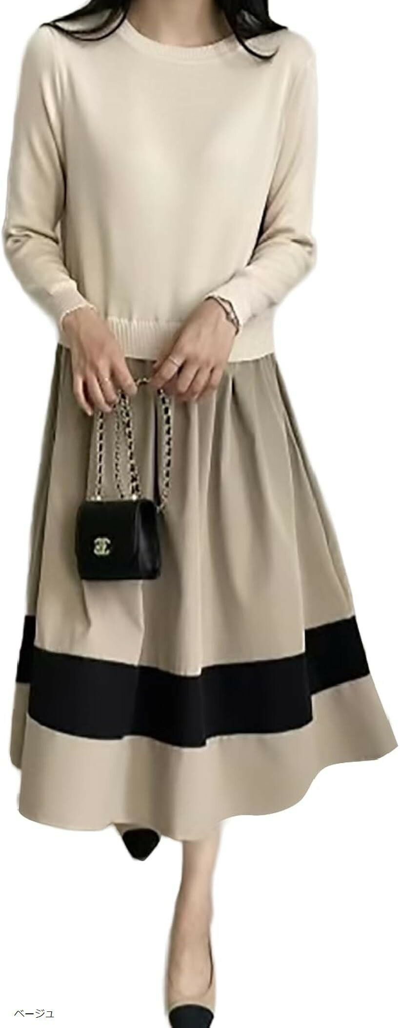 ロングワンピース レディース 長袖 ウエストゴム フィット＆フレア フリーサイズ 体型カバー シンプル きれいめ 通勤 無地 ベージュ