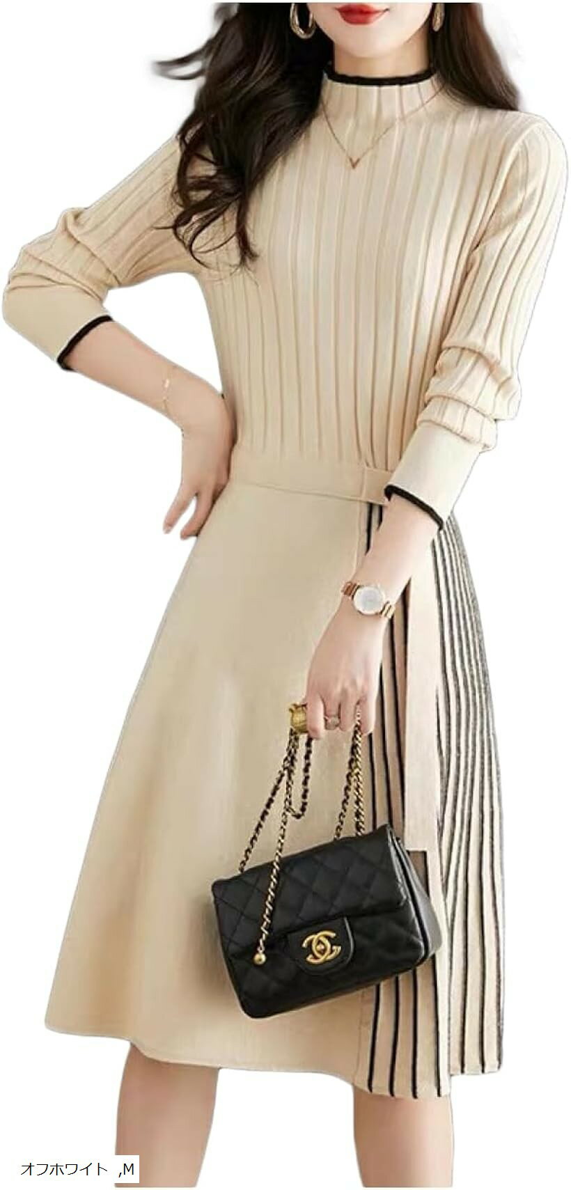 ニットワンピース レディース 冬 リブ 膝丈 秋冬 長袖 aライン ひざたけ 膝たけ 可愛い 長そで 無地 かわいい きれいめ おしゃれ ベージュ ブラック L オフホワイト M