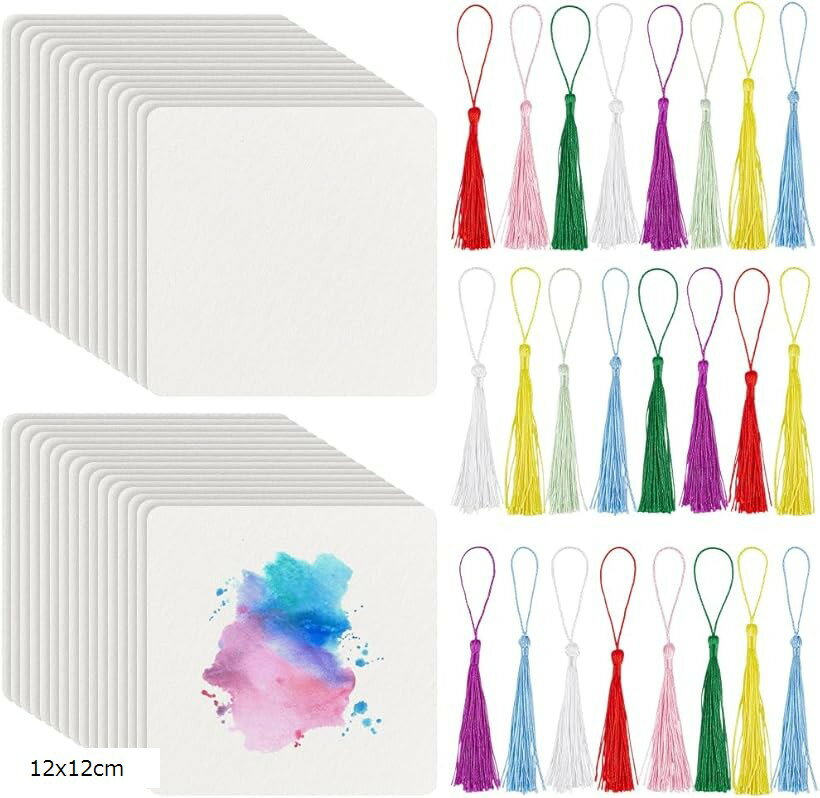 水彩紙カード 50枚 特厚 水彩画用紙 カラフルタッセル25個付き オイルパステル用紙 油彩紙マット ...