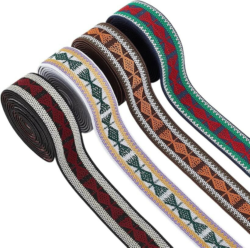 ポリエステル製 4色 織ゴム 弾性ゴム 刺繍 伸縮性バンド ボヘミアンスタイル リボン 服 ベルト交換 裁..