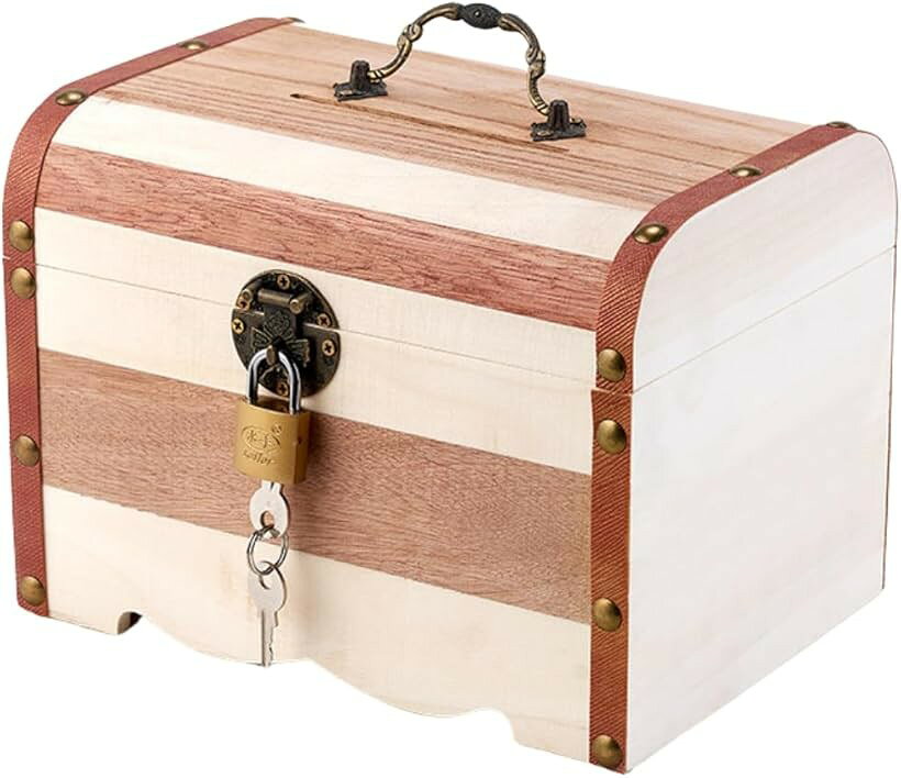 貯金箱 宝箱 鍵付き 南京錠 札 小銭 おしゃれ インテリア アンティーク 小物入れ 収納 木製