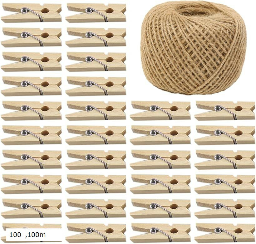装飾やクラフトに。木製ピンチ100個と麻紐100mのセットです。写真やメッセージカードなどの飾りつけに最適。イベントやお部屋を華やかに演出します。工作やDIYなど使い方は自由自在。「幅広いシーンで大活躍」お部屋のインテリアやガーランドに／誕生日や結婚式など会場デコレーションに／お店のディスプレイやイベント装飾に／手芸やクラフト、梱包用に／洗濯バサミや食品袋止めなど日常使いに「大容量＆すぐ使える」100個の木製クリップは、しっかりした作りで大切な写真やカードを安定して挟めます。麻紐はたっぷり100mとゆとりのある長さで、DIYやガーランド制作などさまざまな用途にご使用いただけます。「自由にアレンジ」木の温かみを感じるナチュラルなデザインで、インテリアによく馴染む。写真やカードだけでなく、ドライフラワーや小物などを挟んで自由にお楽しみください。作品の幅が広がること間違いなし。「商品詳細」セット内容：木製ミニクロスピンx100個、麻紐x100m　クロスピンサイズ：約3.5x0.7x1cm　カラー：ナチュラルウッド　材質：木、麻紐　＊天然素材を使用しているため、多少の色味や木目の違いがある場合がございます。＊モニター環境により色味が異なる場合がございます。※ 他ネットショップでも併売しているため、ご注文後に在庫切れとなる場合があります。予めご了承ください。※ 品薄または希少等の理由により、参考価格よりも高い価格で販売されている場合があります。ご注文の際には必ず販売価格をご確認ください。※ 沖縄県、離島または一部地域の場合、別途送料の負担をお願いする場合があります。予めご了承ください。※ お使いのモニタにより写真の色が実際の商品の色と異なる場合や、イメージに差異が生じることがあります。予めご了承ください。※ 商品の詳細（カラー・数量・サイズ 等）については、ページ内の商品説明をご確認のうえ、ご注文ください。※ モバイル版・スマホ版ページでは、お使いの端末によっては一部の情報が表示されないことがあります。すべての記載情報をご確認するには、PC版ページをご覧ください。