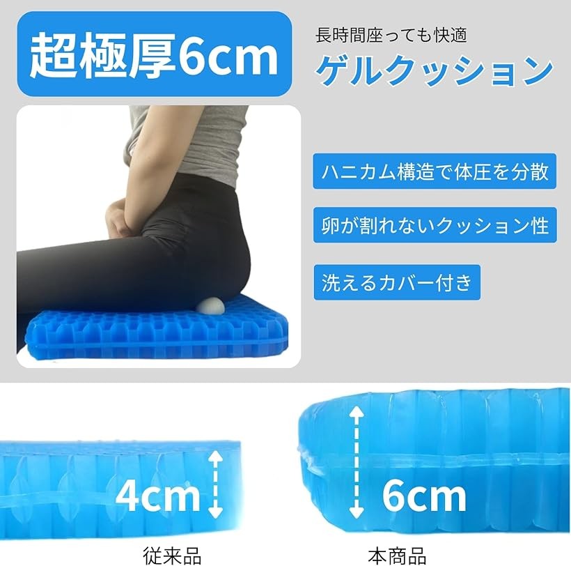 ゲルクッション 極厚6cm 椅子 車椅子 ゲーミングチェア 座布団 ハニカム構造 洗えるカバー 42x36x6cm (ブルー) [3]