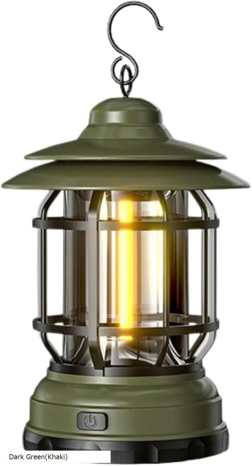 乾電池式 LED キャンプランタン 軽量 小型 二段階調光 IPX4防水 吊り下げ/置き型 レトロランタン 暖色 防災 停電対策 アウトドア 車中泊 キャンプギア Dark Green(Khaki)