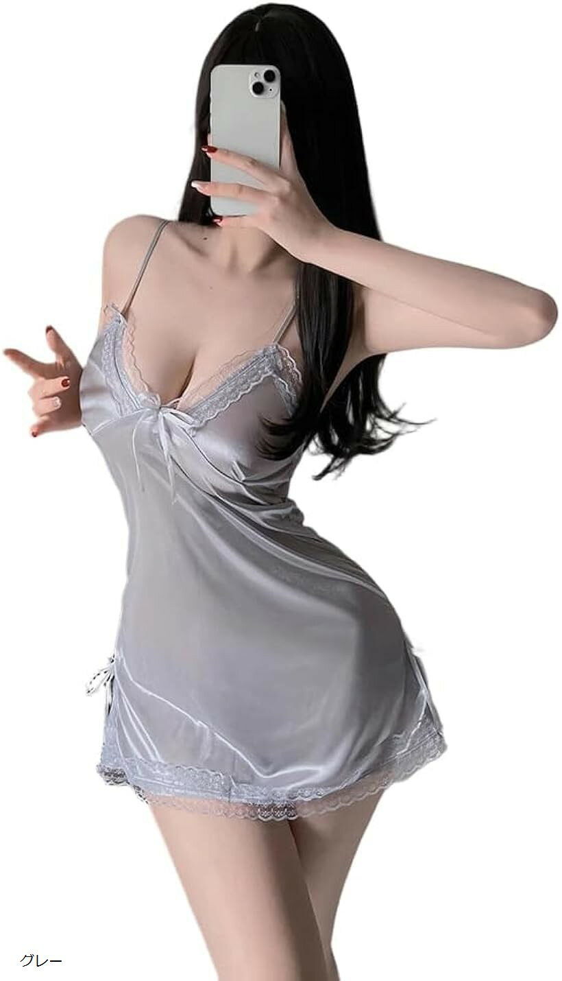 光沢 ハーフスリップ レディース セクシー ベビードール サテン ランジェリー グレー