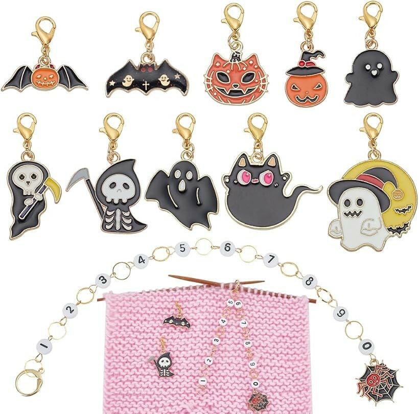 10個の万聖節ステッチマーカー ステッチ・マーカー・チャーム 合金＆エナメルかぎ針編みステッチマーカー ゴールデン 段かぞえマーカーセット 編み用ウィービング 縫製アクセサリー