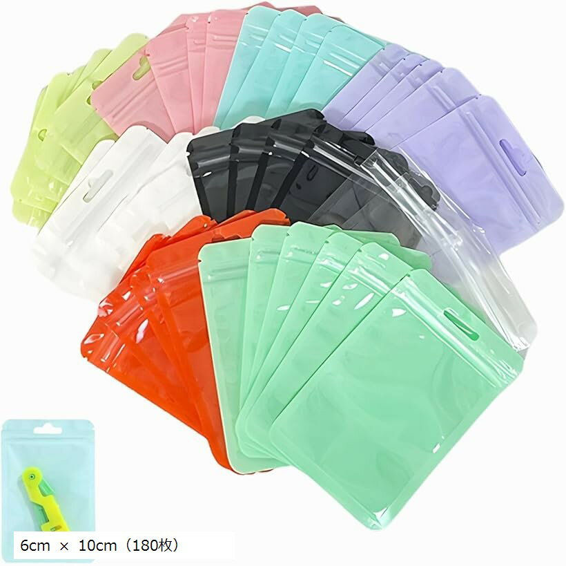 カラフル チャック袋 9色 180枚セット ジッパーバッグ ポリ袋 小袋 ラッピング 密封 ミニ 透明窓付 6cm x 10cm 90枚＋ 7.5cm 9cm 6cm x 10cm（180枚）