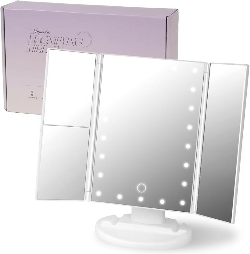 美容クリニック採用モデル 鏡 女優ミラー 22個LEDライト 卓上ミラー 三面鏡 2倍3倍拡大鏡 タッチ式明るさ調節 角度調節