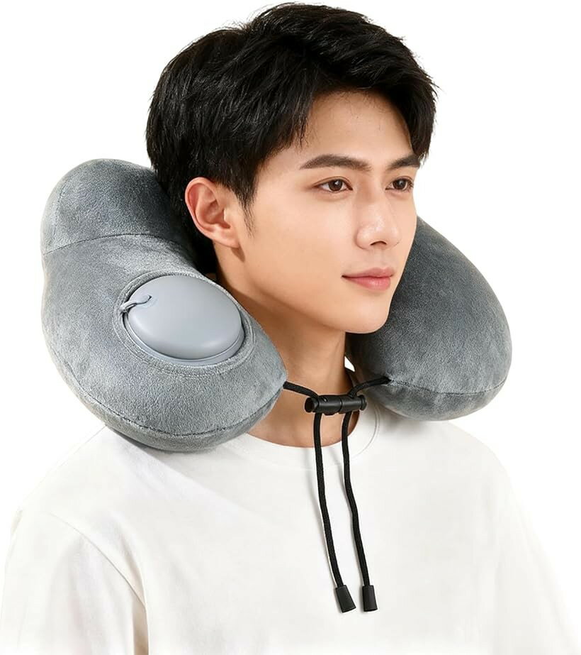 ネックピロー 首枕 U 型 空気枕 30 秒手押し急速膨張 持ち運び便利 収納ポーチ付き 洗えるマイクロベロ..