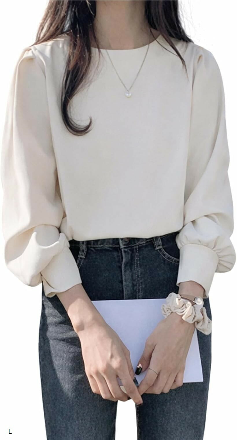 ブラウス レディース シフォン トップス カットソー クルーネック 長袖 パフスリーブ おしゃれ きれいめ 可愛い オフィス 通勤 襟なし 丸首 フォーマル カジュアル ウィメンズ 婦人 服 シンプル 定番 インナー L